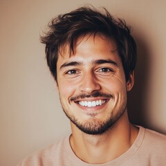 Portrait of a handsome young man with a charming smile and stylish hair posing against a neutral colored background