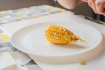 Closeup photo of fresh boiled corn on white plate. Half corn cob on white plate, close-up of healthy snack during casual home meal