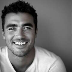 Close up portrait of a handsome man with a genuine smile in black and white conveying happiness and confidence