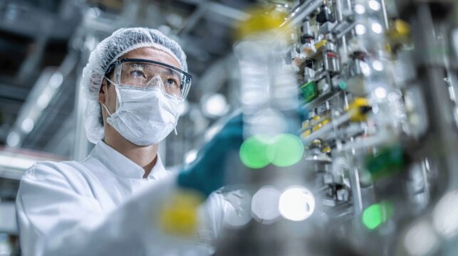 Detailed medium shot capturing a technician inspecting valves on a greenmethanol synthesis reactor with the directaircapture modules fading into a soft blur showcasing sustainable