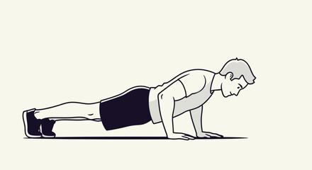Man performing a push-up exercise in a stylized illustration, focusing on core strength and upper body workout for a healthy lifestyle and fitness routine