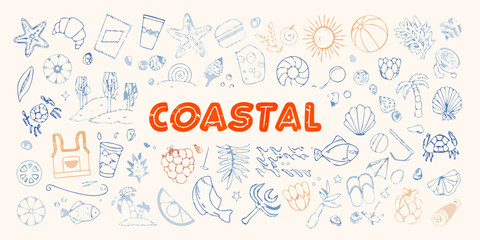 Whimsical hand drawn coastal beach elements and text in blue and orange hues