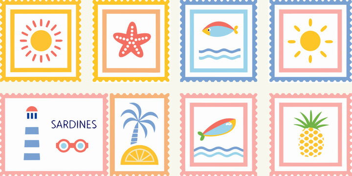 Collection of cute summer themed postage stamps featuring sun starfish fish palm tree lighthouse pineapple and sardines