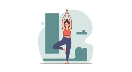 Woman practicing yoga in tree pose, Vrikshasana, in a calm and centered way, promoting balance and mindfulness, perfect for wellness and healthy lifestyle content