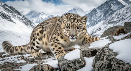 Fototapeta premium Magnificent Snow Leopard Stalking Through Snowy Mountain Terrain