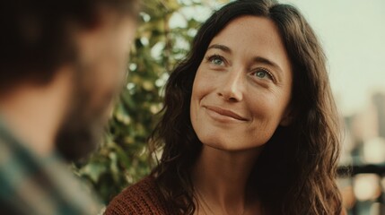 Medium closeup of gentle eye contact between two people around rooftop campfire urban greenery softly out of focus enhancing intimate group therapy vibe.