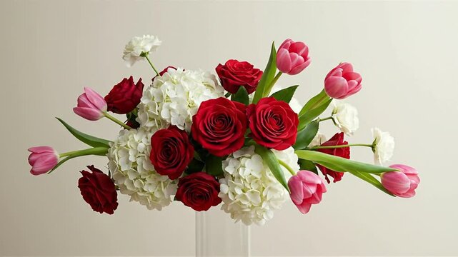 An eyelevel closeup reveals a floral arrangement with red roses pink tulips and white hydrangeas set against a light beige background