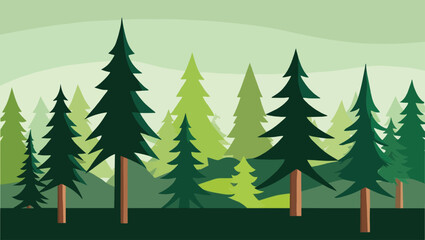Obraz premium Stylized forest landscape with evergreen trees and rolling hills in shades of green