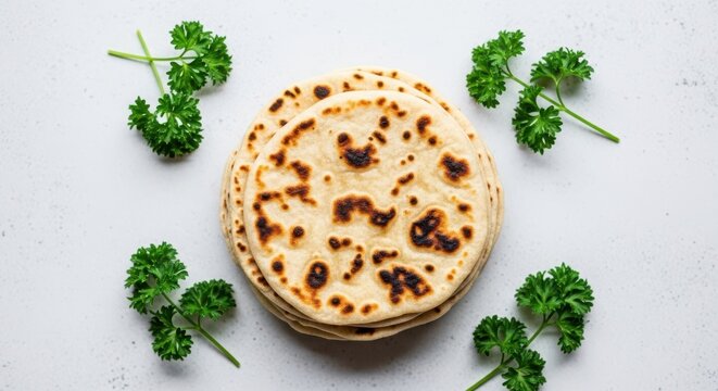 A stack of freshly baked flatbreads, possibly roti or naan, garnished with fresh parsley sprigs on a clean white surface