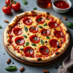 Freshly baked pepperoni pizza on a wooden serving board