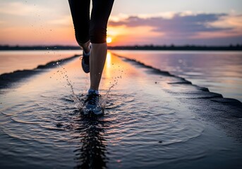 Serene Lakeside Run at Sunset with Calm Reflections