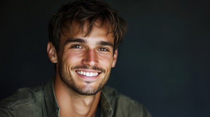 Close up portrait of a handsome man with a warm smile against a dark background in a studio setting indoors