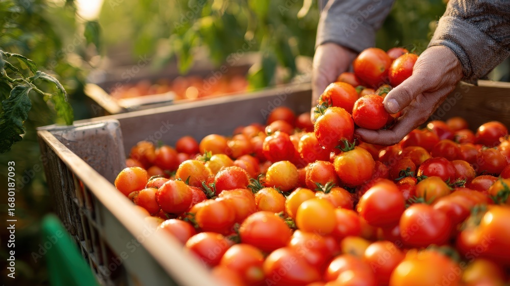 Poster freshly harvested tomatoes piled in a crate bright reds and oranges in crisp focus while hands sorti
