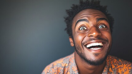 Ecstatic african american man with wide eyes and a beaming smile expressing pure joy and excitement in close up view