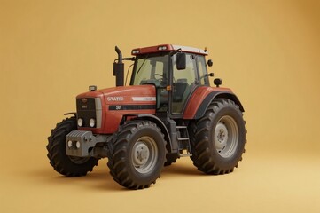 Red tractor studio shot, yellow background, agriculture
