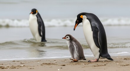 Obraz premium Emperor Penguin Family on Sandy Beach: Adult and Chick by the Ocean