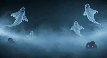 Ghosts Halloween background, floating spirits in foggy night