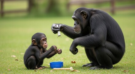 Chimpanzee Mother Teaching Baby How to Use Tools in Lush Green Field