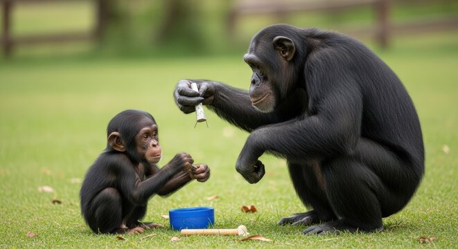 Chimpanzee Mother Teaching Baby How to Use Tools in Lush Green Field