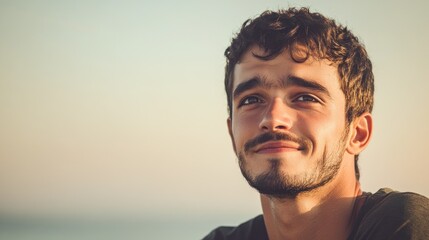 Young man with a thoughtful expression looking up towards the sky with a hopeful and optimistic attitude outside