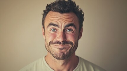 Man with a playful expression looking directly at the camera in a closeup studio shot
