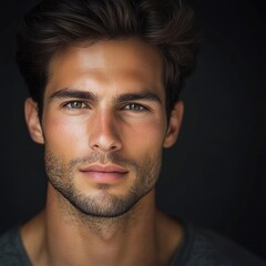Portrait of a handsome man with striking green eyes and dark hair against a dark background in a close up shot