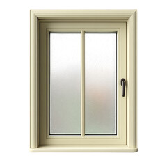 Cream colored window frame with frosted glass panes exhibiting water droplets