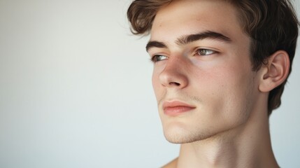 Close up portrait of a young man with fair skin looking off to the side thoughtfully