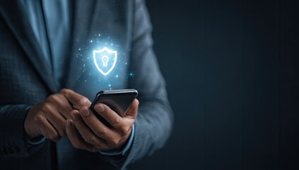 Close-up of a person holding a smartphone with a security shield graphic overlay