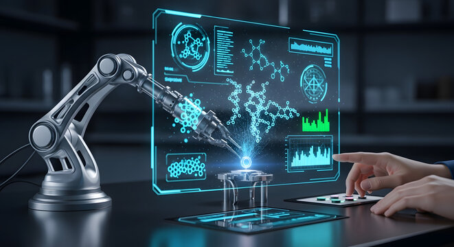 Robotic arm with futuristic interface for data analysis in a laboratory setting - Powered by Adobe