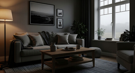 Cozy living room with sofa coffee table and large window.