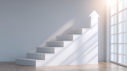 Obraz premium All White Modern Stairs Turning Into Arrow, Wooden Floor, Bright Window Light, Conceptual Success