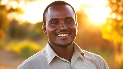 Portrait of a smiling african man bathed in golden sunlight radiating warmth and happiness in a natural setting