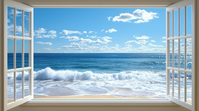 A clear window view of the ocean waves crashing on a sandy beach under a bright blue sky.