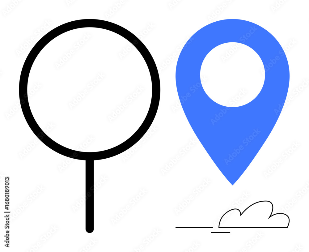 Poster black magnifying glass next to a blue location marker with a minimal cloud element. ideal for search