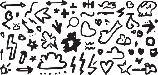 Doodle Icon Pattern with Arrows Stars and Hearts in Black and White for Creative Designs and Illustration