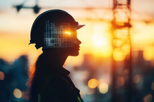 Silhouette of a female construction worker at sunset with digital overlay of architectural plans