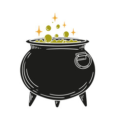 Original hand-drawn illustration of a Halloween witch's cauldron in a minimalist style. Illustrations for posters, cards, and graphic design.