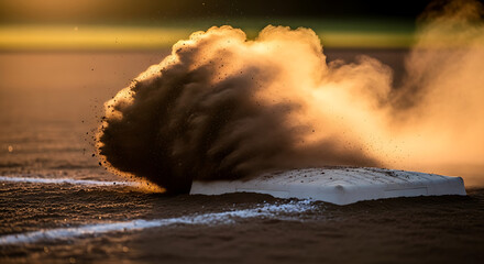 Baseball player sliding into a base creating a large cloud of dust in the golden hour light action shot
