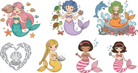 Cute cartoon mermaid characters underwater with dolphin, turtle, crab, octopus, seashell, pearl, ocean animals, fantasy illustration, children design vector