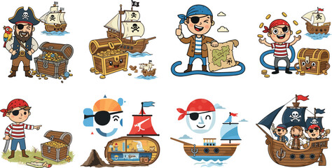 Cute cartoon pirate characters, treasure chest, pirate ship, kids adventure, nautical map, gold coins, sailing boat, children storybook illustration