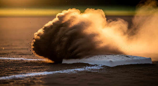 Baseball player sliding into a base creating a large cloud of dust in the golden hour light action shot - Powered by Adobe