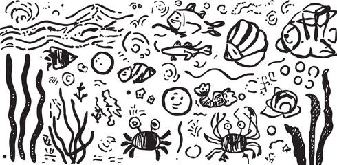 Obraz premium Doodle ocean scene with sea creatures and plants featuring fish crabs bubbles and seaweed in playful black and white illustration