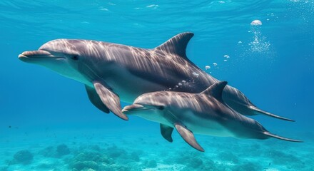 Obraz premium Two Dolphins Swimming Underwater in Tropical Blue Ocean, Mother and Baby