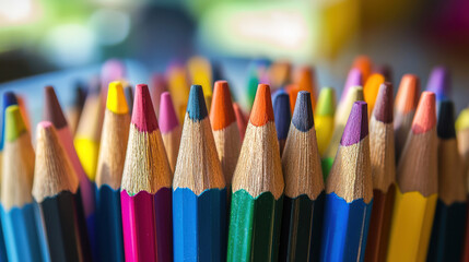 Fototapeta premium A close-up of a colorful array of pencils, with a blurred background.