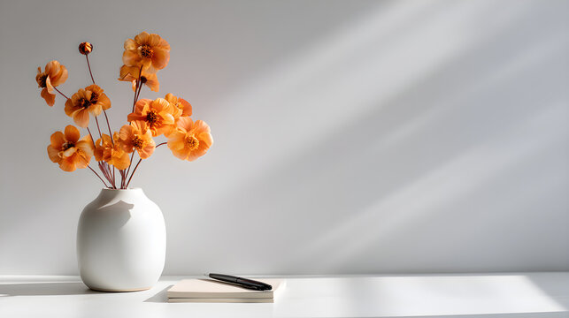 Minimalist white background with orange flowers in white vase and a pen beside, soft shadow and peaceful workspace setup --ar 16:9 - Powered by Adobe