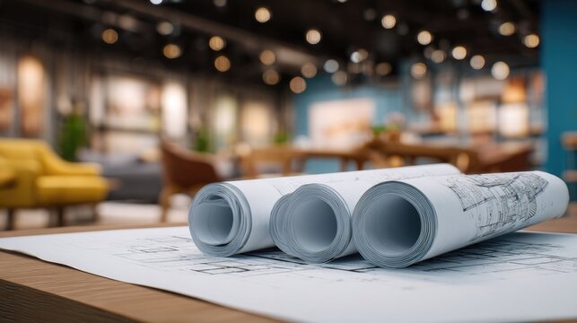 Rolled blueprints on a table in a modern interior