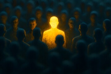 Obraz premium Glowing golden figure standing out among dark crowd, symbol of individuality