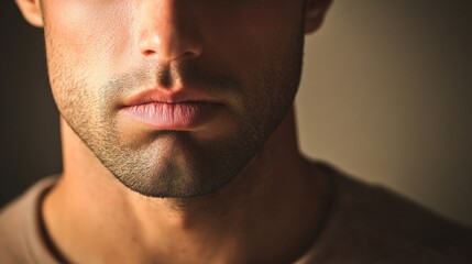 Close up of a man's face showing lips nose and stubble in soft diffused lighting for portrait or beauty concepts