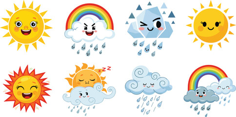 Cute weather cartoon illustration set, happy sun, rainbow with clouds, rainy day, storm cloud, ice hail, climate forecast icons